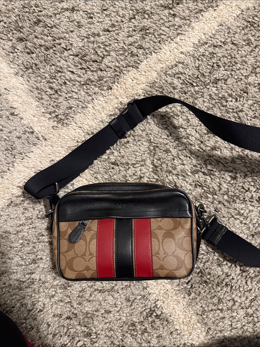 Coach Brown Signature Canvas Crossbody with Black & Red Stripes
